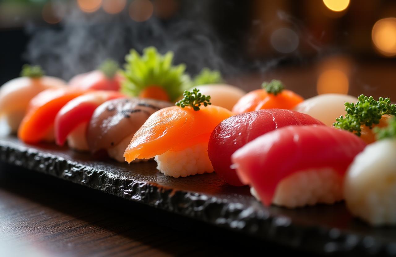 美しく盛り付けられた握り寿司と刺身の皿