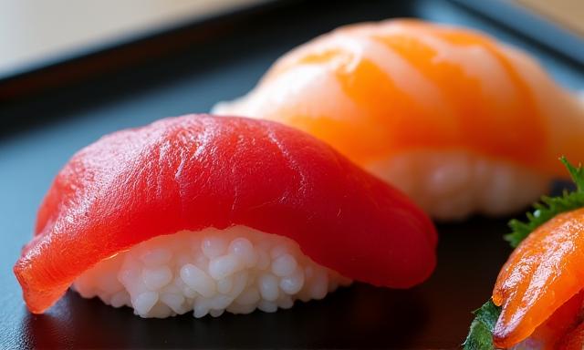 大トロ、ウニ、車海老の3貫の握り寿司が陶器の皿に盛られた接写