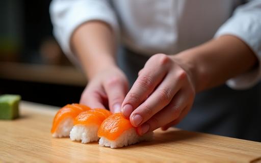 寿司職人の手が丁寧に握り寿司を握っている様子